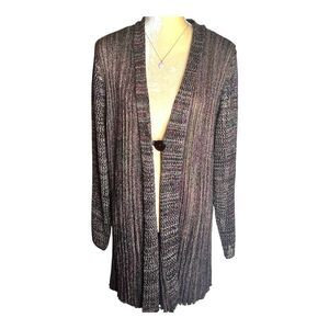 Linda Anderson Long Crochet Sweater Sz 2X Earth Tones Metallic Thread One Button